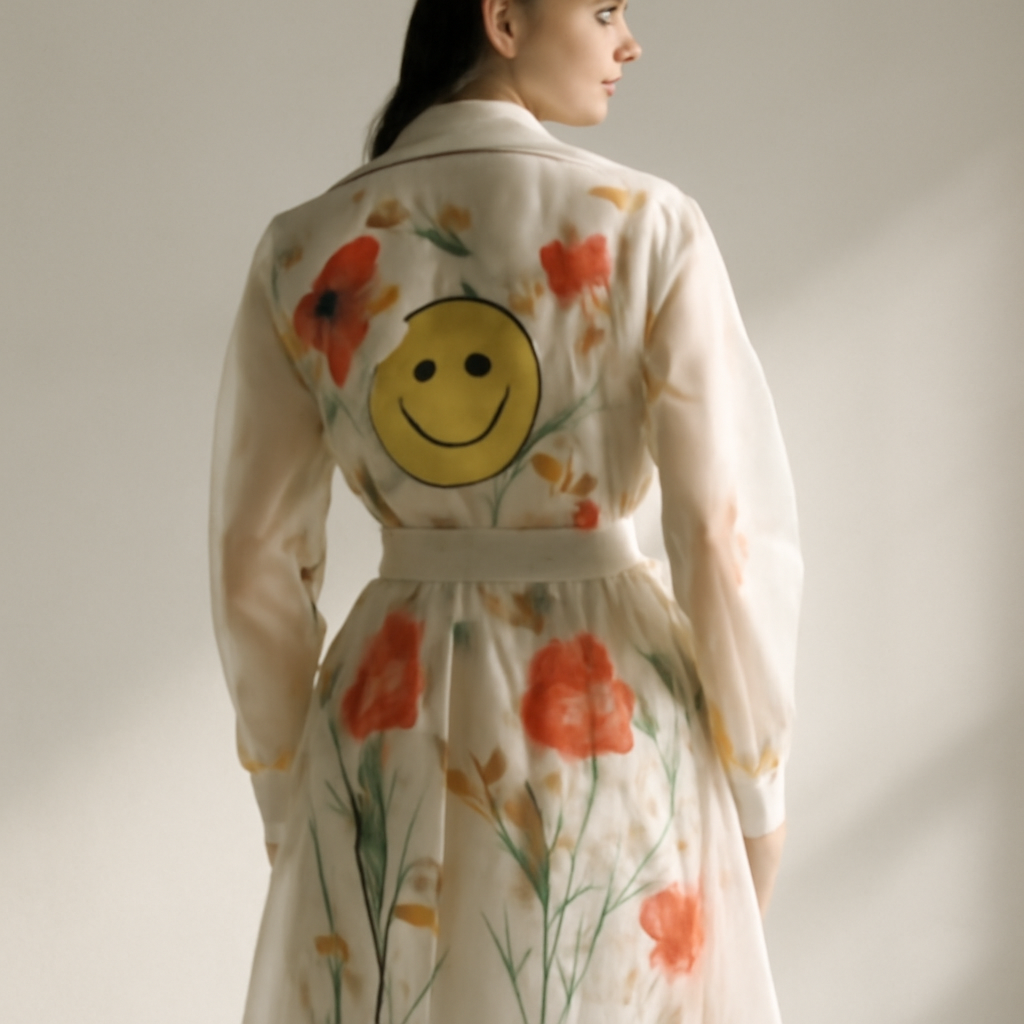 a translucent summer-weight trench coat in taffeta, hand-painted florals and a round smiling face motif visible across the back panel