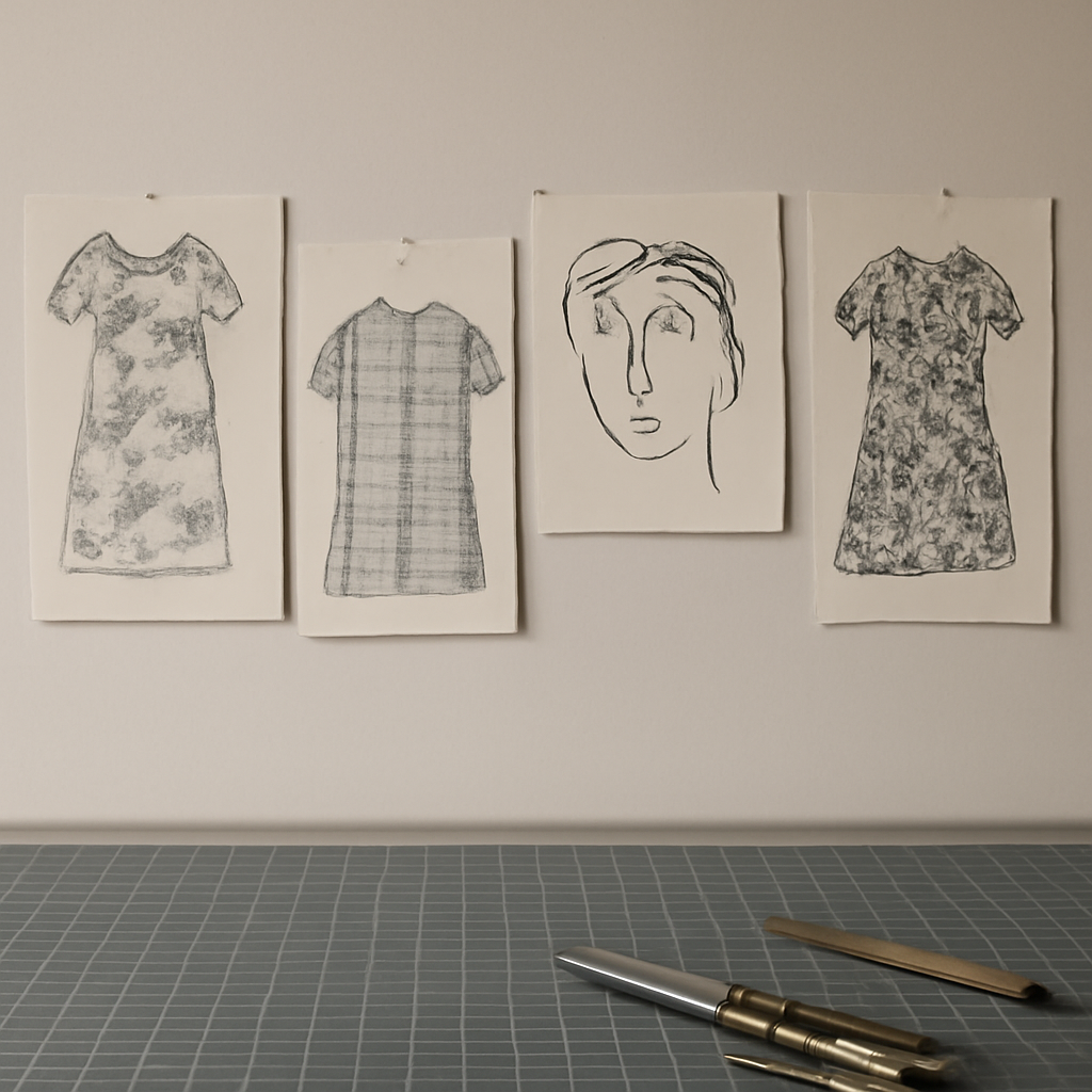an archival-style photograph of hand-drawn textile sketches — florals, checks, and a doodled face — pinned above a cutting table