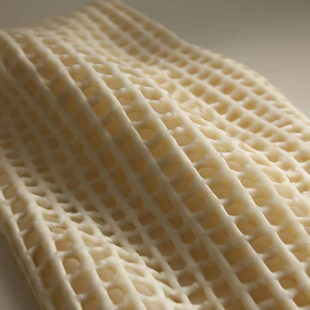 close-up of a pale, rubbery lattice-textured fabric under raking studio light, its layered ridges visible