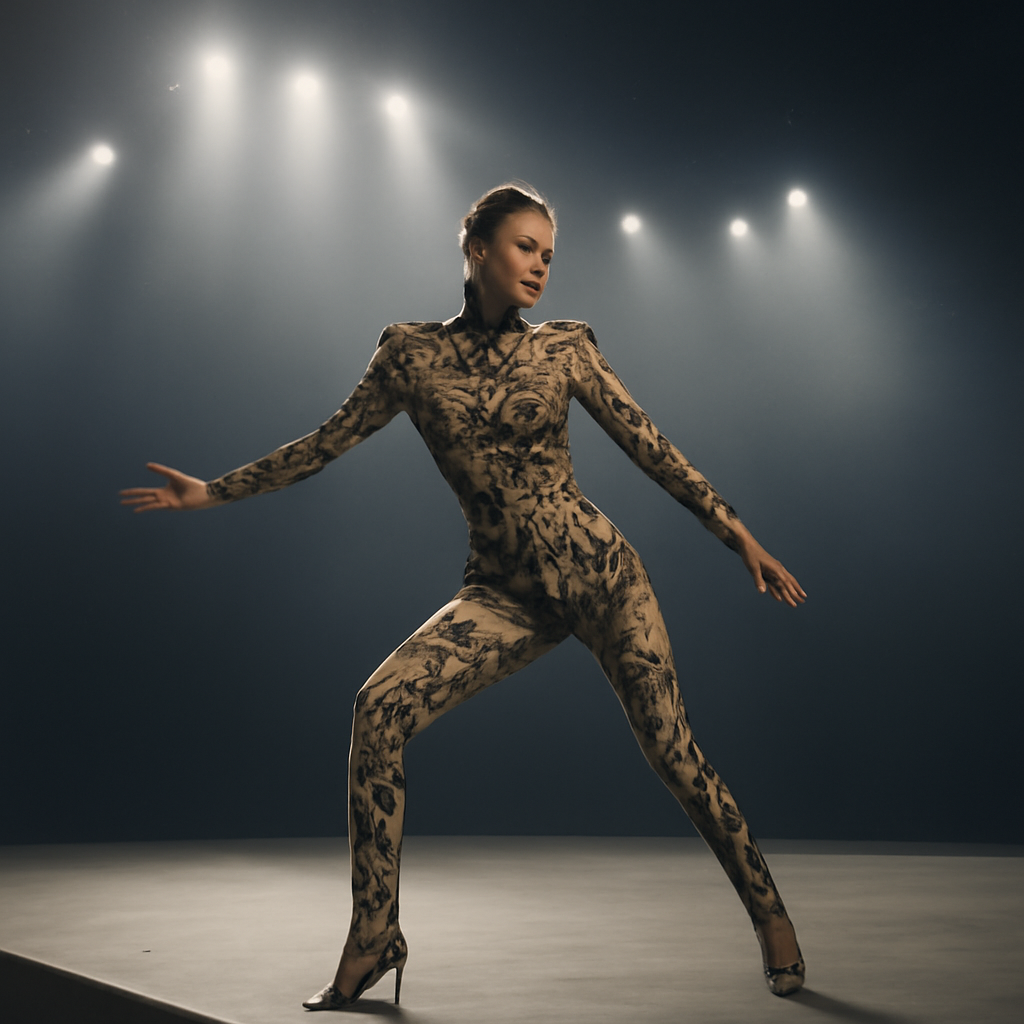 a performer on a large ceremonial stage under bright lights, mid-motion, wearing a structured, form-fitting printed garment
