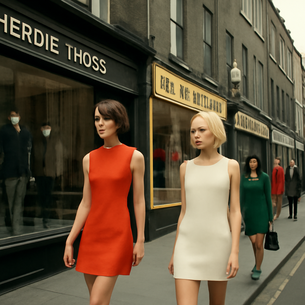 a vintage 1960s London street scene, mod-style storefronts and passersby in mini dresses