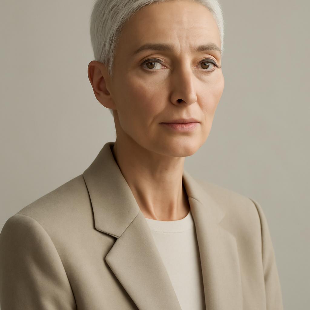 a contemporary portrait of an elegant older woman with cropped silver hair, understated tailoring, calm expression