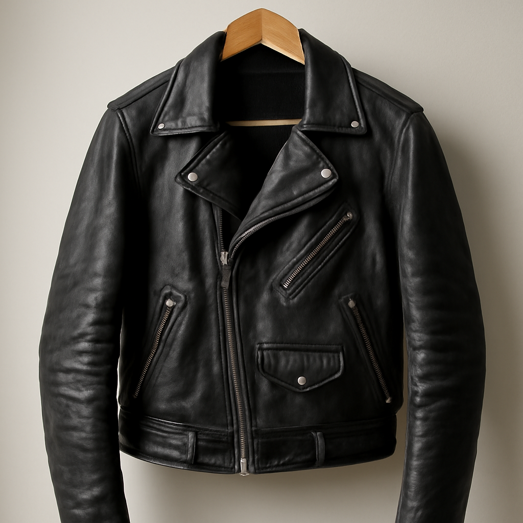 A worn black leather motorcycle jacket on a simple wooden hanger, natural light, visible creasing at the elbows