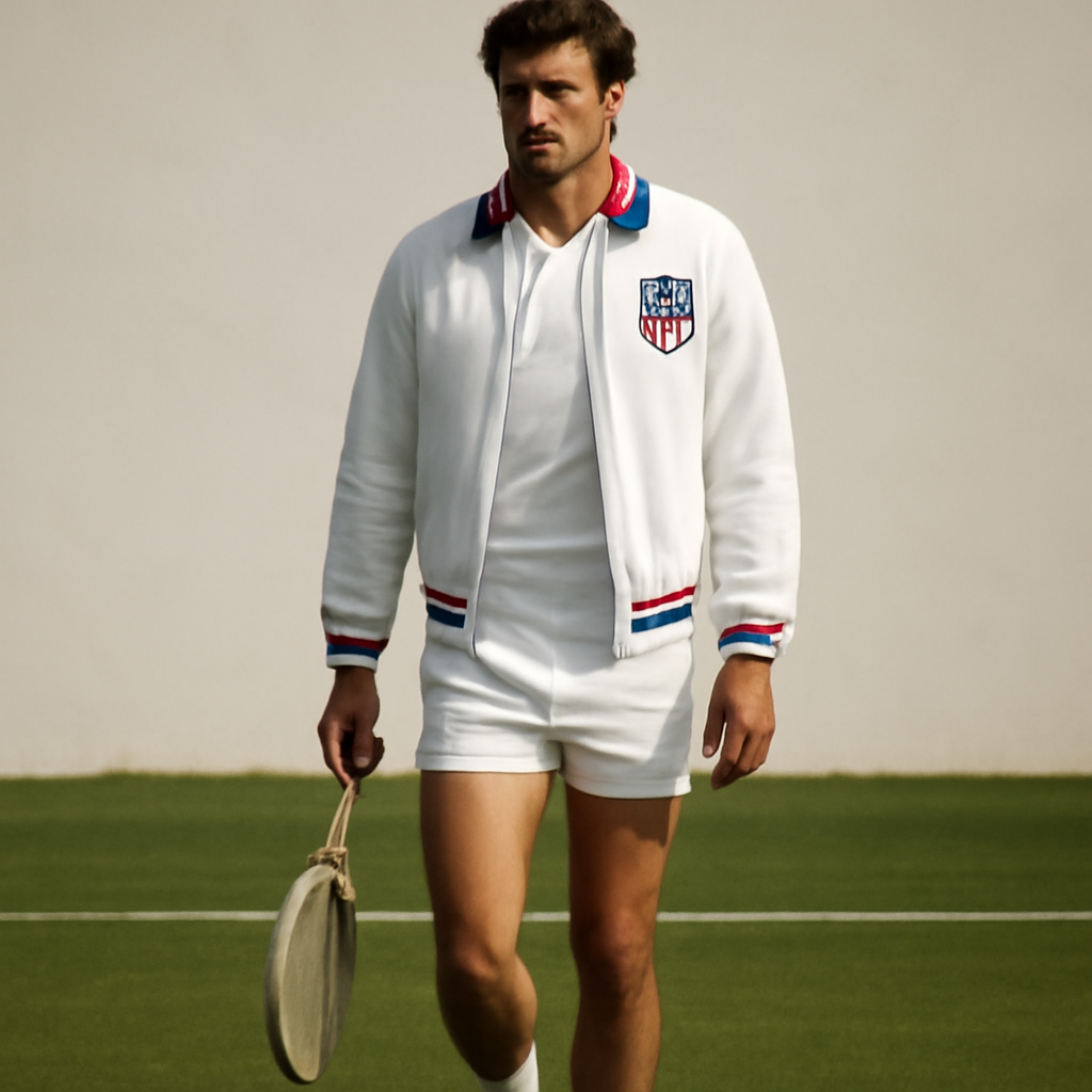 a men's tennis player in white walking onto a grass court wearing a national-team warm-up jacket over tennis whites, 1970s styling