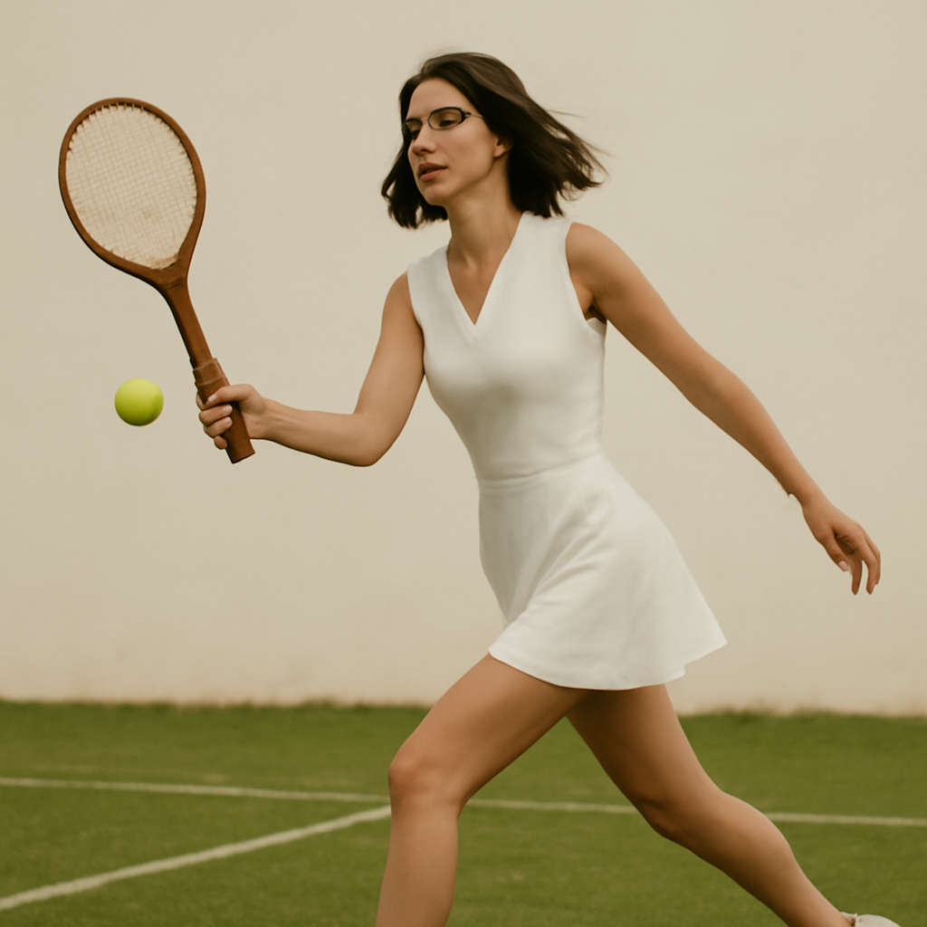 a woman in a 1970s tennis dress mid-swing on a grass court, a delicate bracelet visible on her wrist