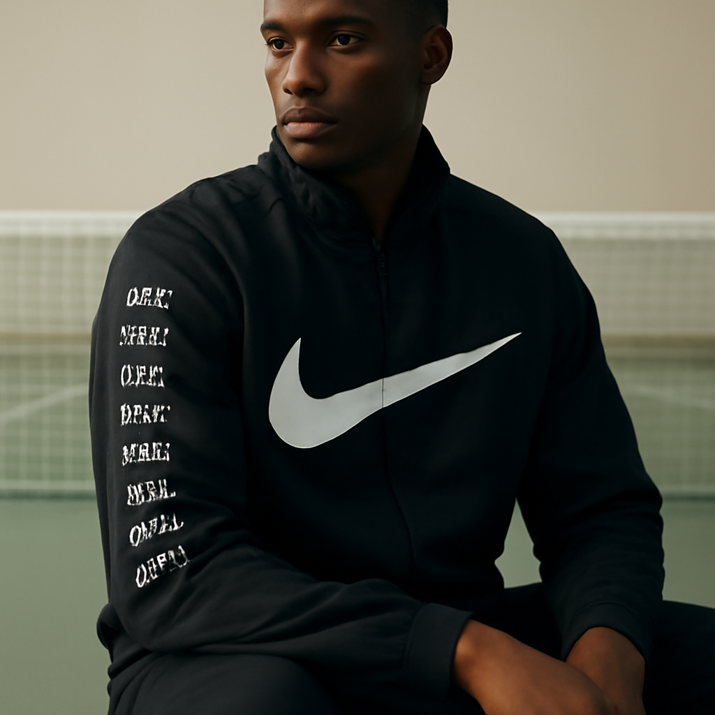 a black tennis warm-up jacket with embroidered championship years down the sleeve and an oversized swoosh on the front, worn courtside