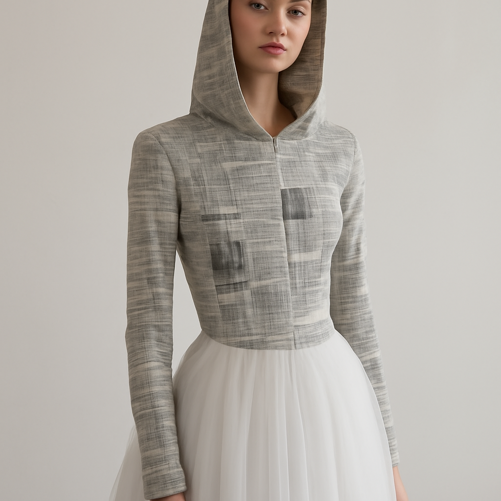 a gray hooded bodice printed with newspaper text and photographs, paired with a long white tulle skirt, editorial styling