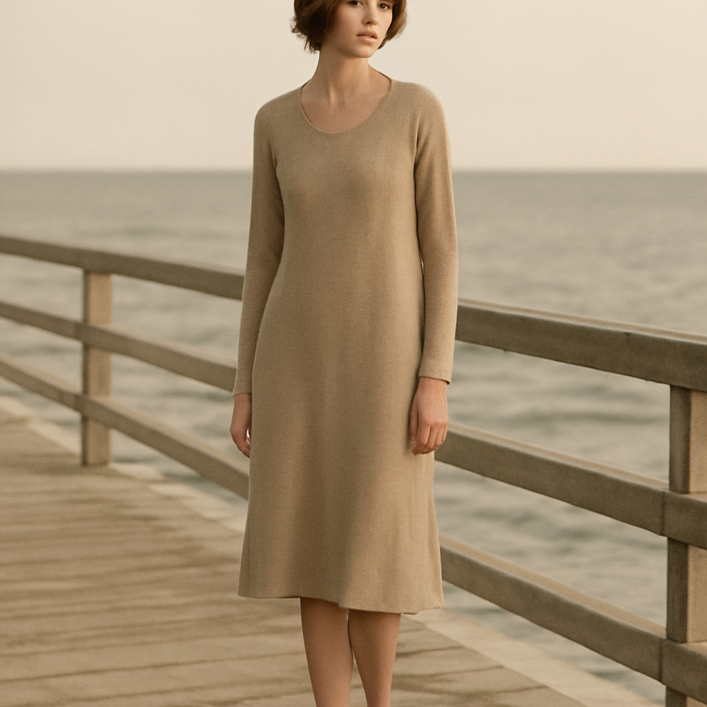 A vintage-styled photograph of a model in a simple jersey dress on a seaside boardwalk, early twentieth-century styling cues