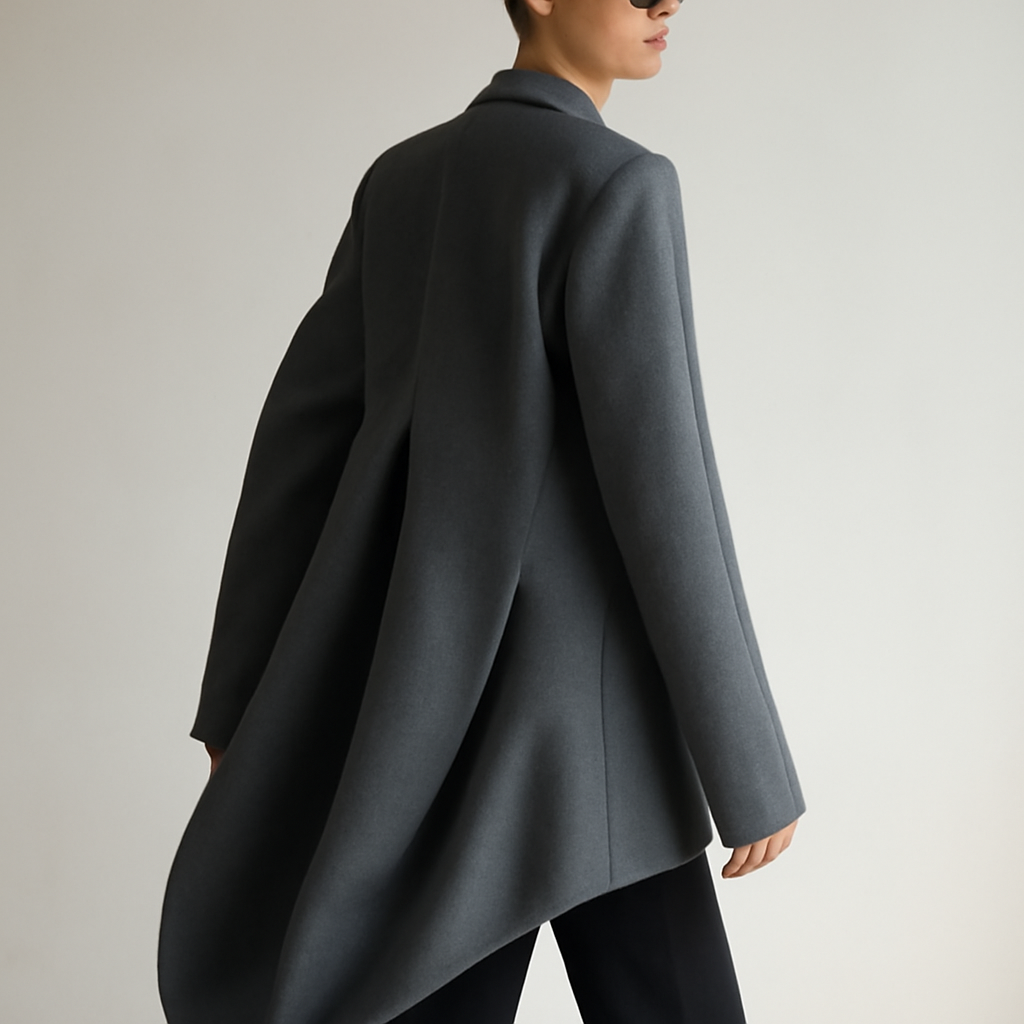 a runway look showing an oversized tailored jacket with an exaggerated, drooping back panel and long sleeves