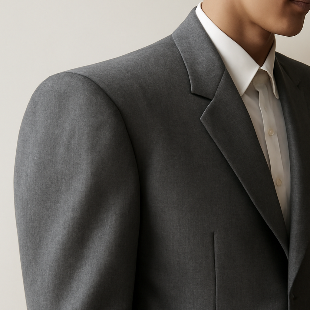a close-up detail of a wide, structured shoulder seam on a menswear jacket, exaggerated proportion visible