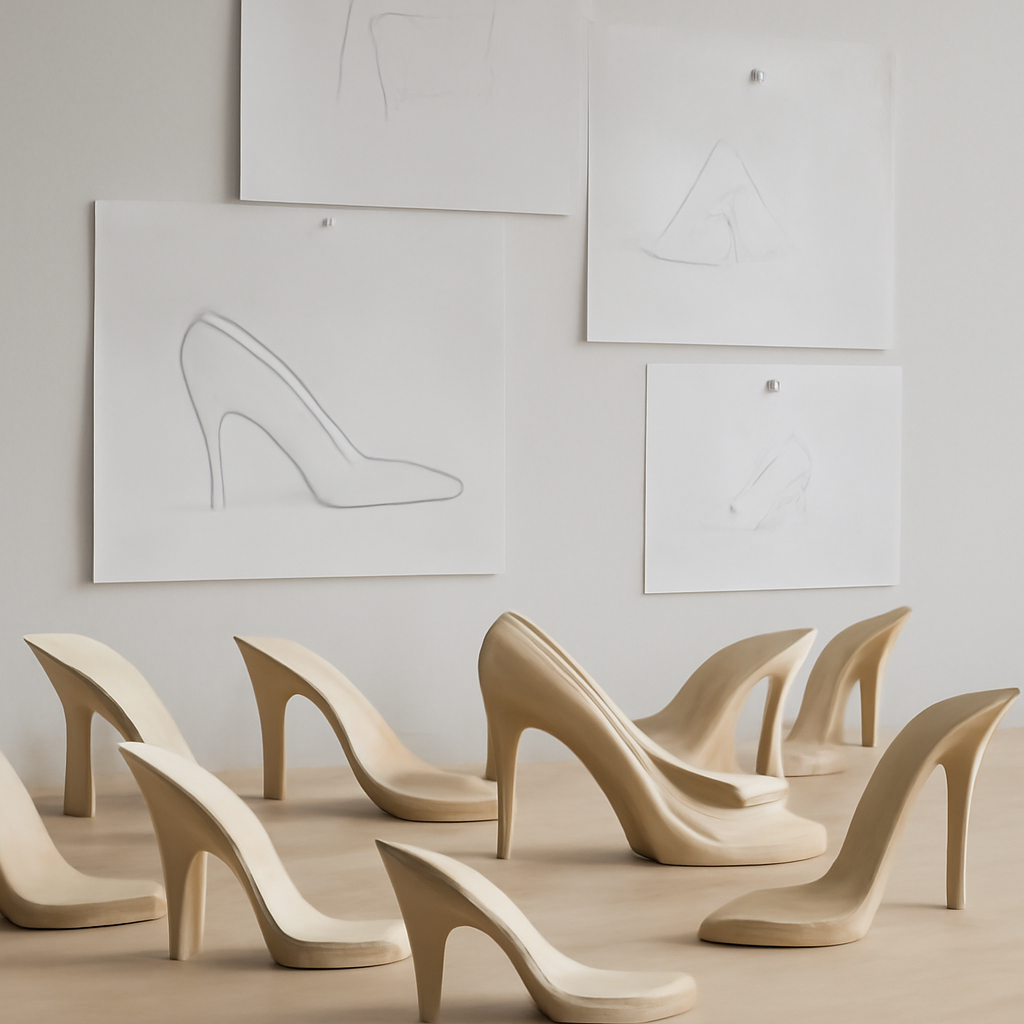 a shoe designer's worktable covered in heel samples in varying heights and shapes, sketches pinned above, a single sketched shoe design highlighted in pencil