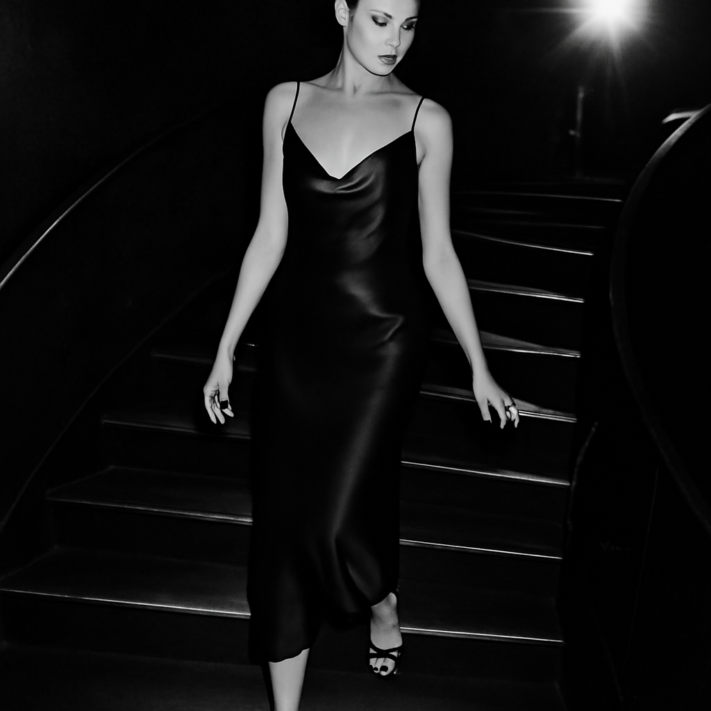 a black-and-white archival-style photograph of a model descending a dramatic staircase, flash photography, nightclub setting