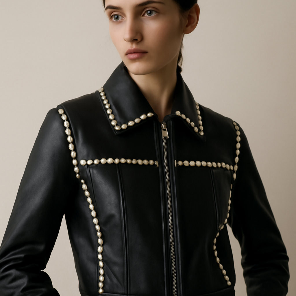 a leather blouson jacket with pearls lining its seams and structural panels