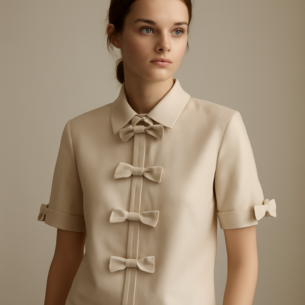 a short-sleeved shirt with a row of bows down the front placket and at the cuffs