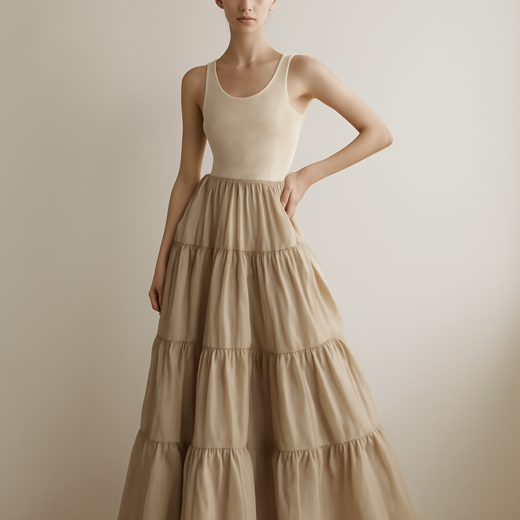 a multi-tiered skirt, each tier gathered by its own visible drawstring