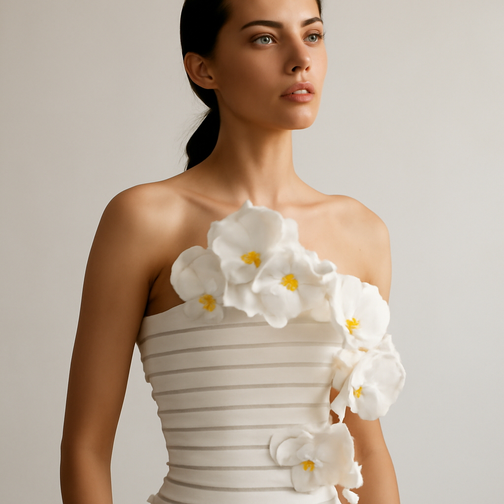a model with an orchid-studded tube structure trussed around the torso, flowers visible near the face