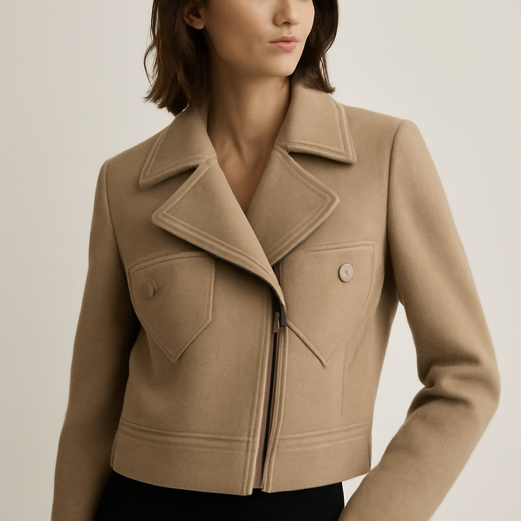 a cropped wool biker jacket with pockets buttoned into a heart shape