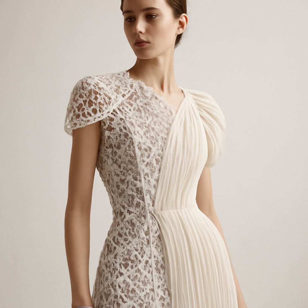 a model wearing a garment where rigid, lace-like 3D-printed plastic panels meet soft pleated silk at the shoulder and hip