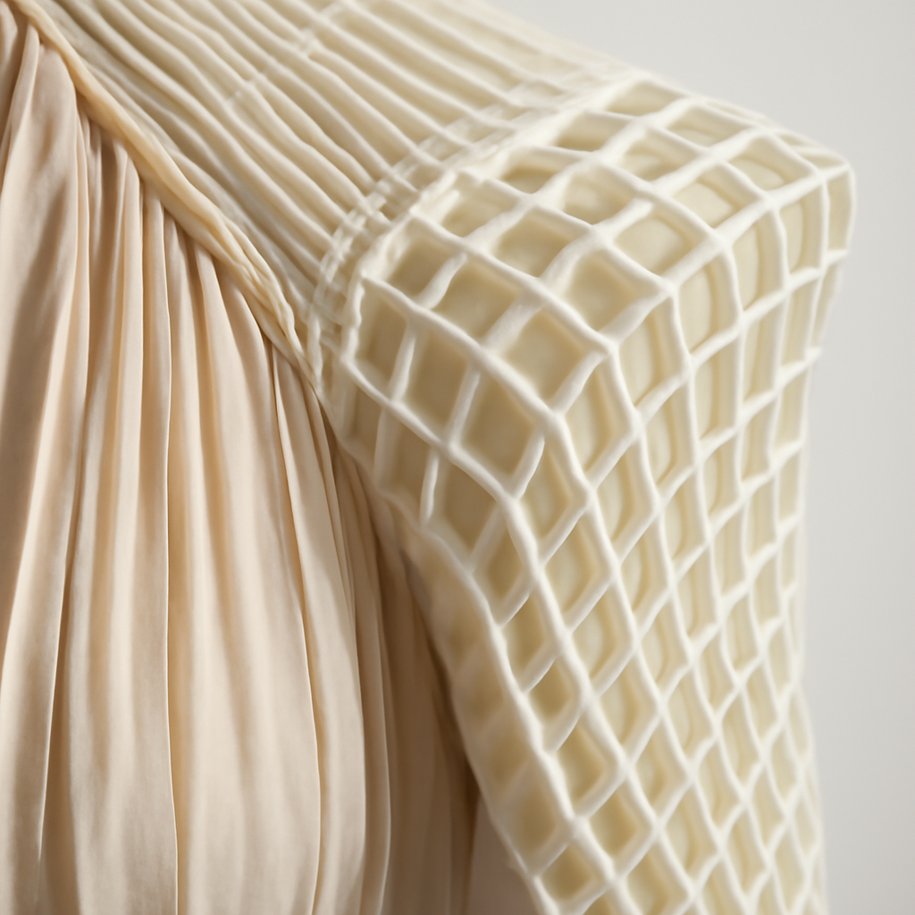 a close detail shot of hand-stitched silk pleating meeting a hard-edged 3D-printed grid section